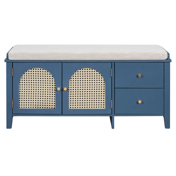 Clihome Shoe Storage Bench, Vintage Shoe Bench with Storage and Cushion, Shoe Bench with 2 Drawers and 2 Rattan Door for Entryway, Bedroom, Living Room, Navy