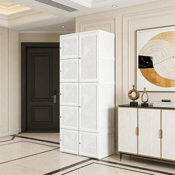 Portable Folding Wardrobe Storage Cabinet - 6 Compartments White Clothes Organizer for Entryway