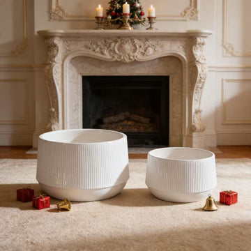 Handmade Ceramic Planter Set of 2, 11" & 8" Diameter, White with Vertical Ridges, for Aquatic Plants Indoor/Outdoor Shelf & Table Use, Breathable Non-Porous Clay