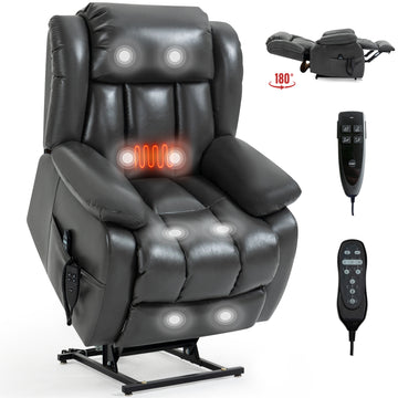 Dual Motor Infinite Position Up to 350 LBS Electric Medium size Leatheraire Grey Power Lift Recliner Chair with 8-Point Vibration Massage and Lumbar Heating