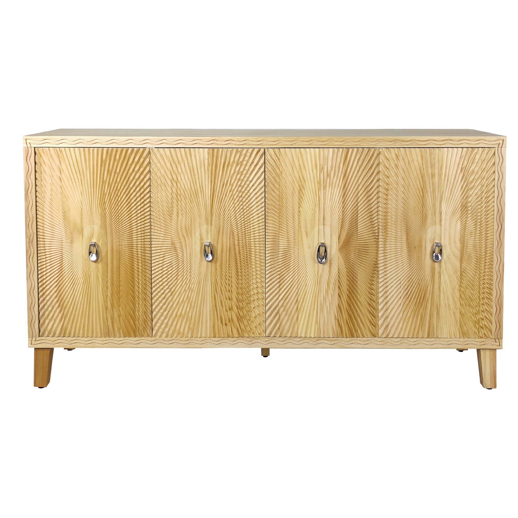 Vintage 4 Door Storage Cabinet, Carved Scatter Pattern Dining Sideboard, Large Buffet with Adjustable Shelves, Multifunctional Accent Cabinet Living Room Console Cabinet (Natural)