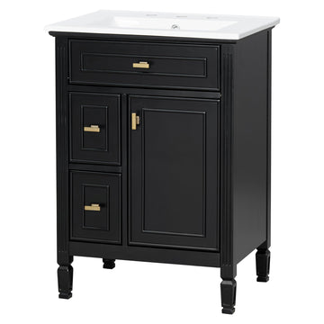 24-Inch Bathroom Vanity with Sink, Solid Wood and MDF Cabinet with One Flip Drawer,Freestanding Black Vanity for Bathroom Storage