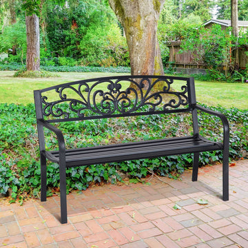 50" Outdoor Bench, Metal Garden Bench with Floral Pattern Backrest, Porch Bench
