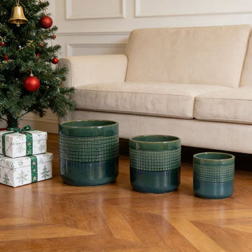 Handmade Green Glazed Ceramic Planter Set of 3 (5.51" to 9.65"), Indoor & Outdoor Flower Pots for Succulents,Breathable Textured Clay