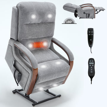 Power Grey Chenille Lift Recliner Chair Dual Motor Infinite Position Up to 350 LBS with Solid Wood Armrests, Heat Massage and Heavy Duty Motion Mechanism