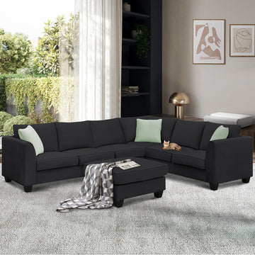 Sectional Sofa Couches Living Room Sets, 7 Seats Modular Sectional Sofa with Ottoman, L Shape Fabric Sofa Corner Couch Set with 3 Pillows
