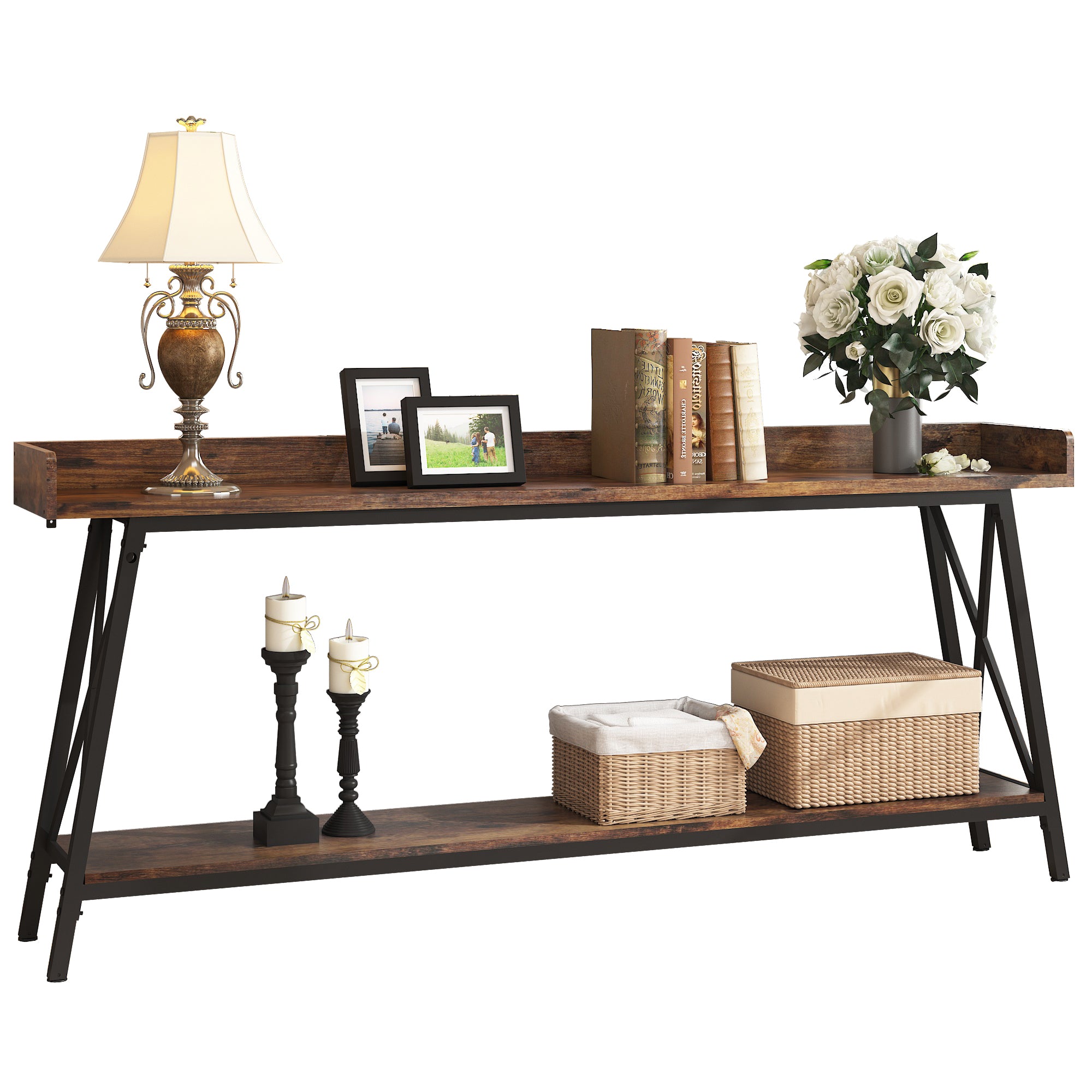 70.87 inch Extra Long Console Table Behind Couch, Rustic Industrial Sofa Table for Living Room, Narrow Entryway Hallway Long Bar Table, Brown+Black