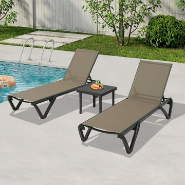 Lounge Chairs Set, Aluminum Adjustable Outdoor Chaise Lounge with Wheels, 2 Poolside Chairs,1 Side Table, Textilene, Khaki