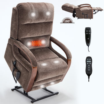 Power Brown/Blue/Gray Chenille Lift Recliner Chair Dual Motor Infinite Position Up to 350 LBS with Solid Wood Armrests, Heat Massage and Heavy Duty Motion Mechanism