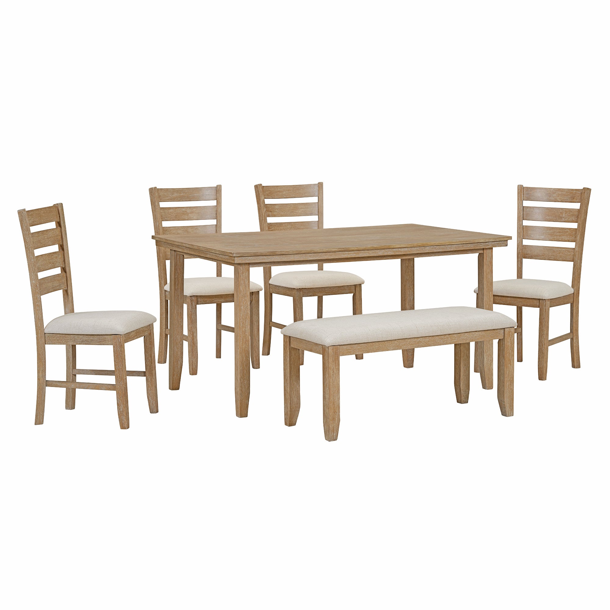 Dining Room Table and Chairs with Bench, Rustic Wood Dining Set, Set of 6 (Natural Wood Wash)