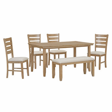 Dining Room Table and Chairs with Bench, Rustic Wood Dining Set, Set of 6 (Natural Wood Wash)