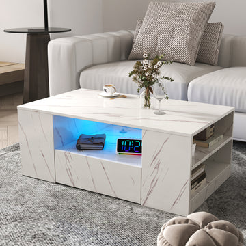 14.57IN High LED Coffee Table ,Modern Coffee Tables for Living Room, , Storage Coffee Table, Small Coffee Table, Wood Center Table with 2 Drawers and Open Side Shelf
