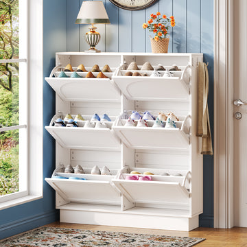 Modern Elegant Narrow Tipping Bucket Shoe Cabinet with 6 Flip Drawers, Space Saving Design, Cream Style Entryway Organizer with Adjustable Shelf, Free-Standing Shoe Rack with 3 Silvery Hooks, Black/White