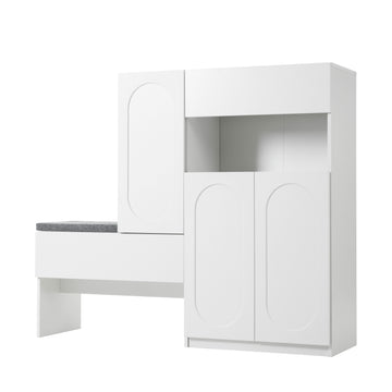 Elegant 2-in-1 Shoe Cabinets with Soft Cushion, Modern Storage Bench with Arched Doors & Rebound Devices, Versatile Shoe Rack Organizer with Adjustable Shelves for Hallway, Living Room, White/Black