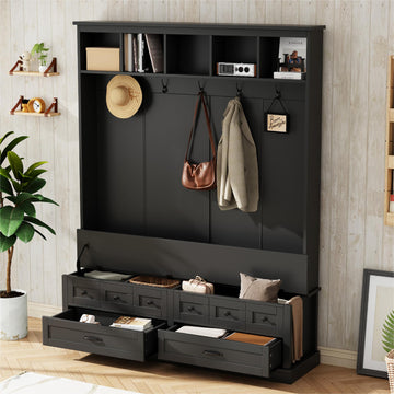 Elegant Wide Hall Tree with 5 Hooks, Versatile Entryway Lift Top Storage Bench with 2 Drawers, Retro Wooden 3-in-1 Coat Rack with Black Handles for Mudroom, Living Room, Black/White, 59