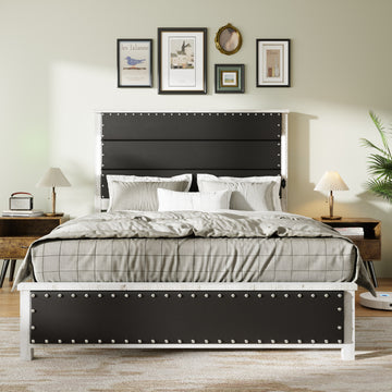 Queen Size Bed Frame with Upholstered Headboard, Queen Bed Frame with Charging Station and LED Lights, Wood Slats, Dark Gray Faux Leather & Rivets, No Box Spring Needed, Easy Assembly