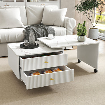 Extendable Coffee Table with Storage, Reversible Living Room Table with 2 Drawers and with 6 Wheels, White