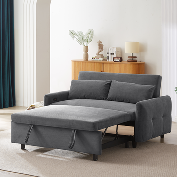 57.48" Pull-out Sofa Bed Convertible Couch 2 Seat Loveseat Sofa Modern Sleeper Sofa with Two Throw Pillows and USB Ports for Living Room, Dark Grey