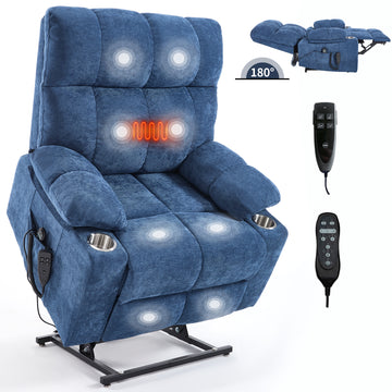 Blue/Grey Blue/Beige Dual Motor Infinite Position Up to 350 LBS Chenille Power Lift Recliner Chair, Heavy Duty Motion Mechanism with 8-Point Vibration Massage and Lumbar Heating, Dual Cup Holders