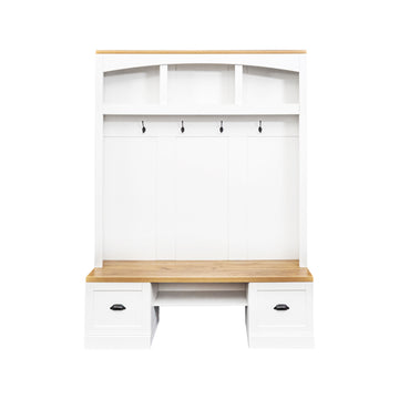 Clihome Farmhouse 4-in-1 Hall Tree with Wood Grain Bench and Top, Multifunctional Coat Rack with Black Hooks and Shell Handles, Mudroom Bench with Adjustable Shelves for Hallway, Living Room, White