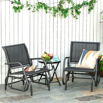 Porch Glider Set of 2, Metal Swing Glider Chairs with Mesh Fabric, Curved Armrests and Steel Frame, Black