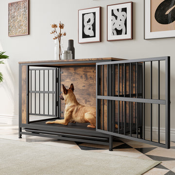 Dog Crate Furniture, Wooden Dog Crate Table, 38.9" Dog Kennel with 2 Sliding Doors and Thick Iron Door Frame, Decorative Pet Crate House for Large/Medium/Small Dog Indoor Use(Rustic Brown)