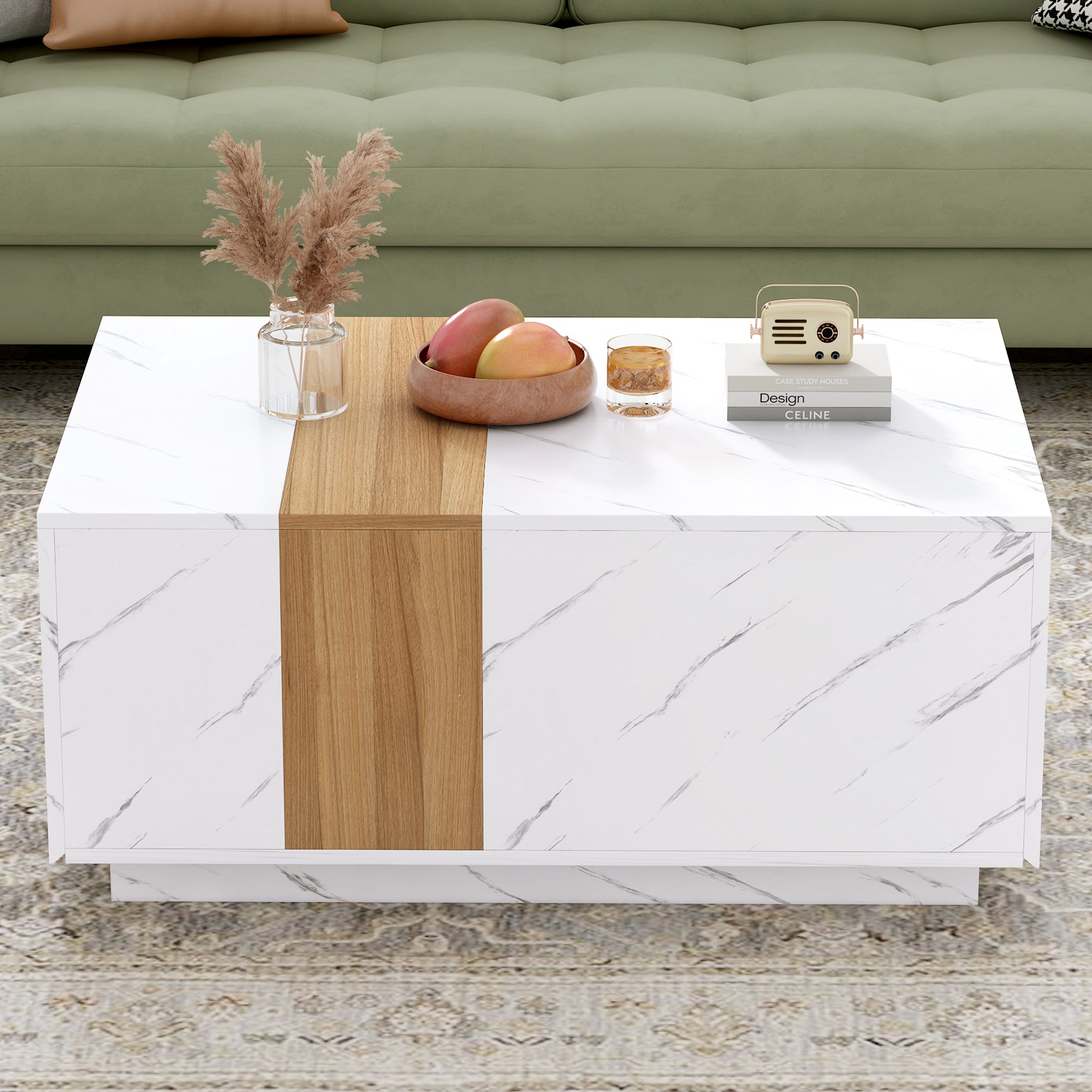 Modern 35.4 x 23.6 Inch Two-tone Coffee Table with Faux Marble and Walnut Wood Grain Finish, Rectangular Center Table with 2 Storage Drawers, Practical Cocktail Table for Living Room, White/Black