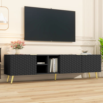 Modern Minimalist Geometric TV Cabinet with Metal Handles and Gold Legs for TVs Up to 80'', Multi-functional TV Stand with Storage Cabinets, Entertainment Center for Living Room, Black/White