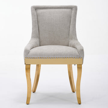 Chenille Dining Chairs, Modern Style with Curved Gold - Plated Legs & Rivet Trim, Upholstered Comfort for Dining/Lounge, Accent Seating with Textured Fabric & One - Piece Structure, Beige/Black/Gray/Green,Set of 2