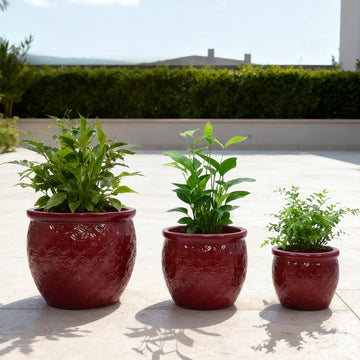 Handmade Ceramic Flower Pot Set of 3, 15/12/10 Inch Diameter, Deep Red with Floral Embossed Pattern,Breathable Clay