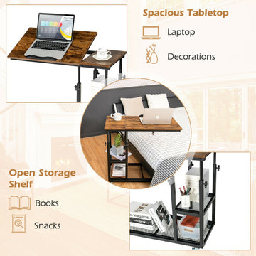 Height Adjustable C-Shaped End Table with Lockable Wheels and Tiltable Table Top