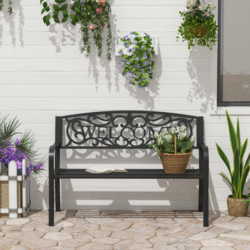 50" Outdoor Metal Bench, Garden Bench with Slatted Seat, Patio Bench