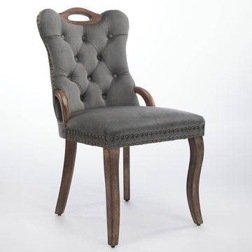 Velvet Dining Chair with Handmade Tufted Trim, Solid Wood Handles on Top and Sides, Vintage Copper Nail Decoration, Curved Solid Wood Legs, Elegant Overall Shape,Set of 2,Beige/Gray