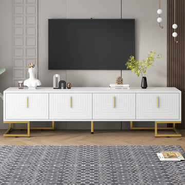 TV Stand with Metal Legs and Gold Handles for TVs Up to 80'', Media Console Table with Cabinets and Adjustable Shelves, Luxury TV Cabinet with Geometric Lines for Living Room, White