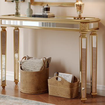 48inches Vintage Mirror Console Table, Luxury Wood Carving Entryway Sofa Table for Living Room Hallway