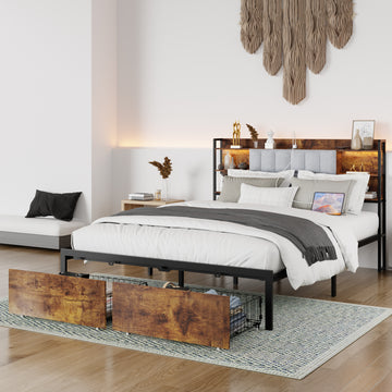 Queen Size Bed Frame with 2 Storage Drawers and LED Lights Headboard, Upholstered king Bed Frame with Charging Station, No Box Spring Needed, Easy Assembly