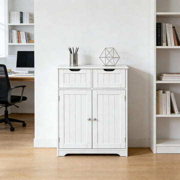 Modern White Storage Cabinet, MDF Floor Cabinet with 2 Drawers 3 Adjustable Shelves