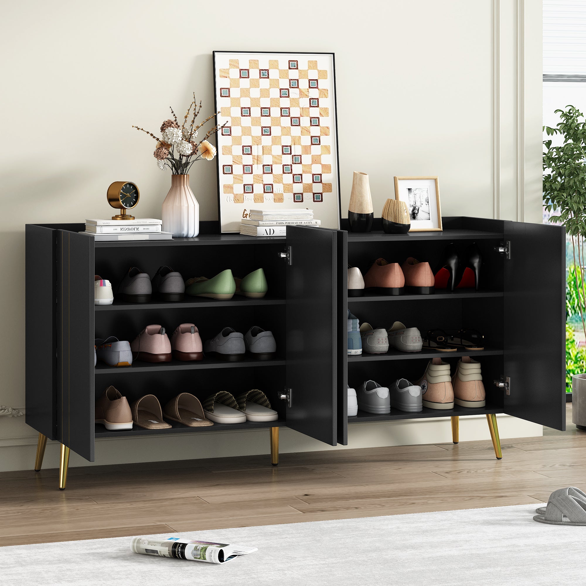 Luxurious Shoe Cabinet with 5 Metal Legs, Modern TV Stand with 4 Adjustable Shelves for TVs Up to 70", Minimalist Sideboard Cabinet with Gold Lines Doors for Living Room,62.9"x 31.4",Black