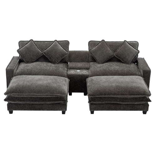 112.6" Sectional Sofa Chenille Upholstered Sofa with Two Removable Ottoman, Two USB Ports, Two Cup Holders and Large Storage Box for Living Room, Black