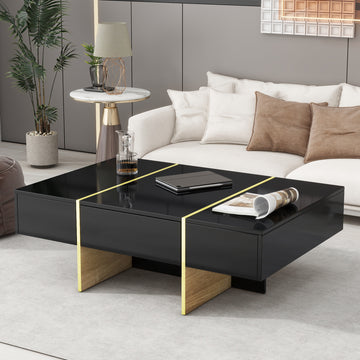 47.2'' x 31.4''Minimalist High Gloss Coffee Table with 2 Drawers, Multi-Storage Rectangle Sofa Table with Golden Wood Grain Legs, Modern Center Table for Living Room, Black/White