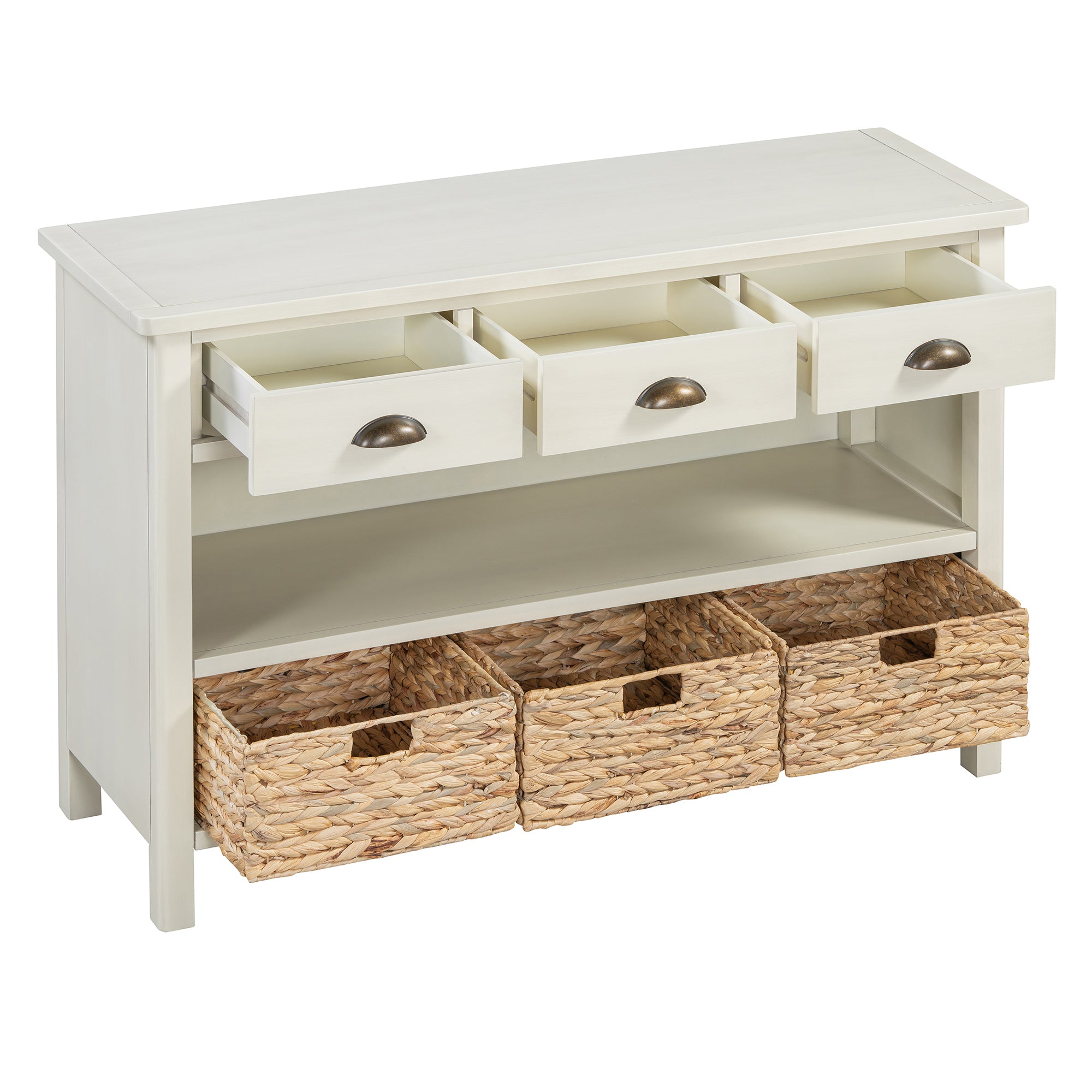Clihome Retro Console Table with 3 Storage Drawers, Entryway Table with 3 Water Hyacinth Woven Baskets,Wooden Accent Sofa Table Buffet Cabinet for Entryway, Hallway and Living Room (Antique White)