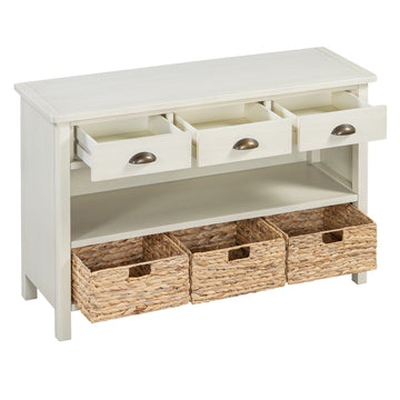 Clihome Retro Console Table with 3 Storage Drawers, Entryway Table with 3 Water Hyacinth Woven Baskets,Wooden Accent Sofa Table Buffet Cabinet for Entryway, Hallway and Living Room (Antique White)