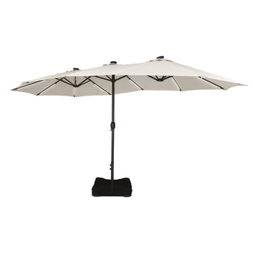 15 ft. Outdoor Rectangular Crank Market Umbrella Patio Umbrella in Beige with Solar Detachable Lights and Base£¬Beige