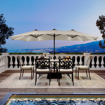 15 ft. Outdoor Rectangular Crank Market Umbrella Patio Umbrella in Beige with Solar Detachable Lights and Base£¬Beige