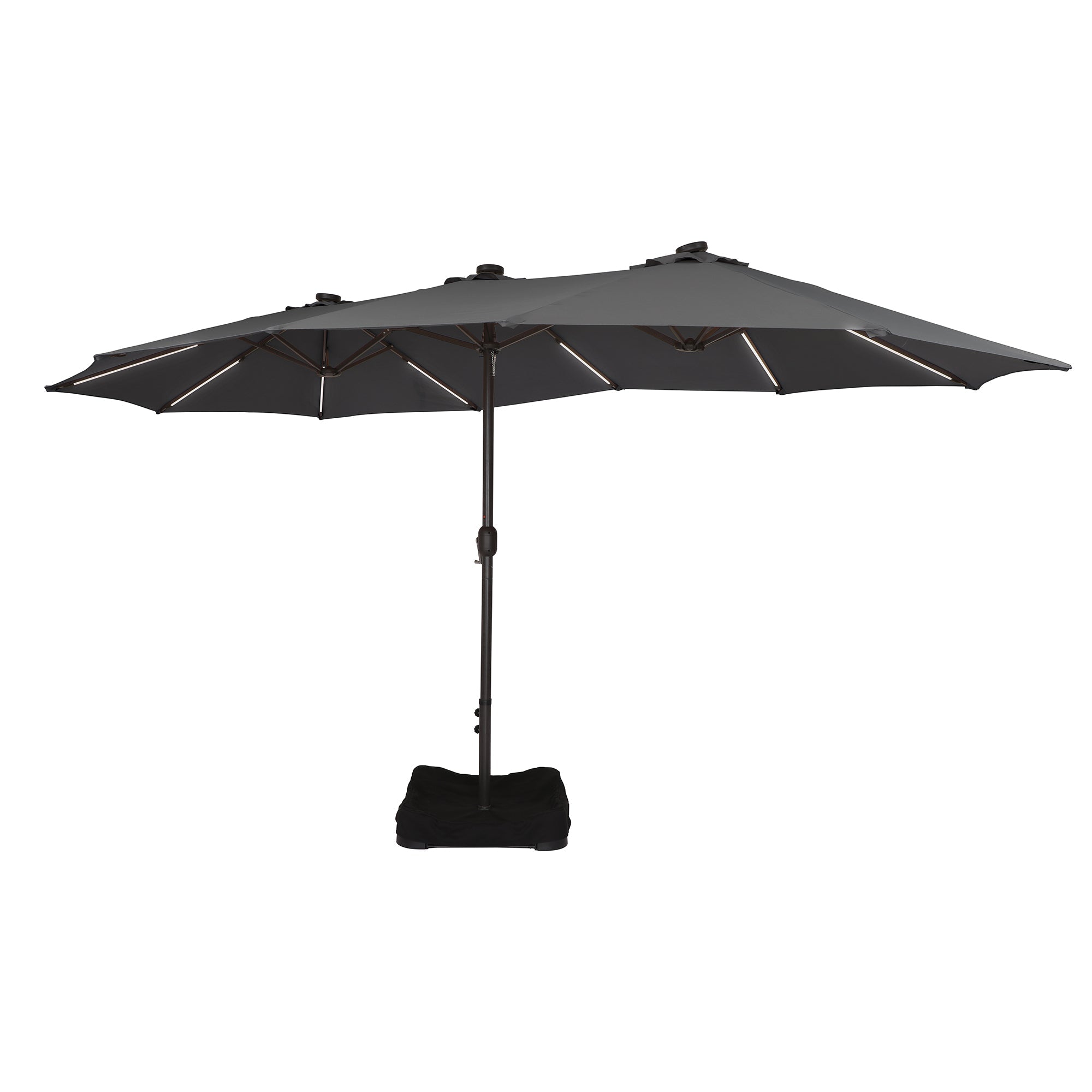 15 ft. Outdoor Rectangular Crank Market Umbrella Patio Umbrella in Beige with Solar Detachable Lights and Base£¬Dark Grey