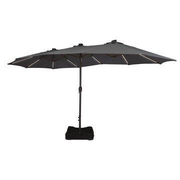 15 ft. Outdoor Rectangular Crank Market Umbrella Patio Umbrella in Beige with Solar Detachable Lights and Base£¬Dark Grey