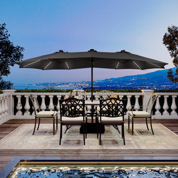 15 ft. Outdoor Rectangular Crank Market Umbrella Patio Umbrella in Beige with Solar Detachable Lights and Base£¬Dark Grey