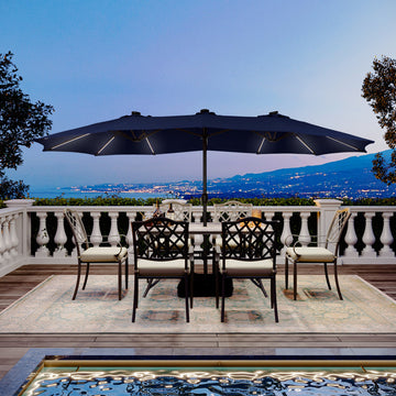 15 ft. Outdoor Rectangular Crank Market Umbrella Patio Umbrella in Beige with Solar Detachable Lights and Base,Navy