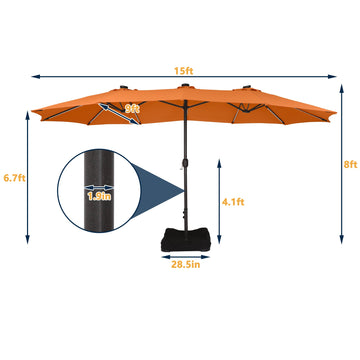15 ft. Outdoor Rectangular Crank Market Umbrella Patio Umbrella in Beige with Solar Detachable Lights and Base£¬Orange