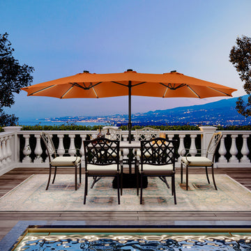 15 ft. Outdoor Rectangular Crank Market Umbrella Patio Umbrella in Beige with Solar Detachable Lights and Base£¬Orange